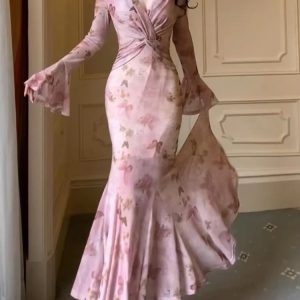 Elegant Mermaid Flare Sleeve Bodycon Dress for Women - Vintage Sexy Evening Prom Robe