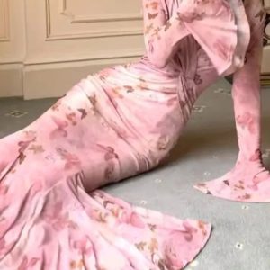 Elegant Mermaid Flare Sleeve Long Dress - Vintage Sexy Bodycon Pink Print Evening Club Dress