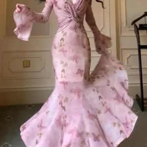 Elegant Mermaid Flare Sleeve Long Dress - Vintage Sexy Bodycon Pink Print Evening Club Dress