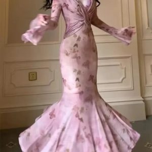 Elegant Mermaid Flare Sleeve Long Dress - Vintage Sexy Bodycon Pink Print Evening Club Dress