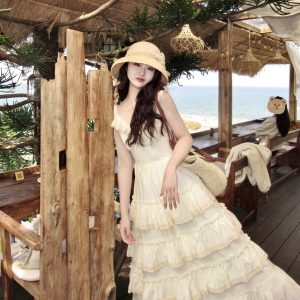 Elegant Midi Dress for Women - Casual Beach & Party Fairy Cake Dress in Pure Color Korean Style