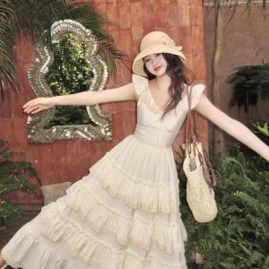 Elegant Midi Dress for Women - Casual Beach & Party Fairy Cake Dress in Pure Color Korean Style