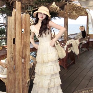 Elegant Midi Dress for Women - Casual Beach & Party Fairy Cake Dress in Pure Color Korean Style