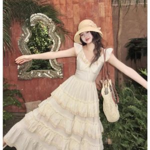 Elegant Midi Dress for Women - Casual Beach & Party Fairy Cake Dress in Pure Color Korean Style