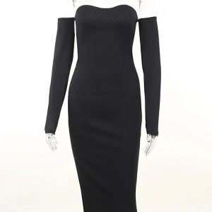 Elegant Off-Shoulder Knitted Bodycon Maxi Dress for Autumn Evening Parties - Stylish Women's Fashion