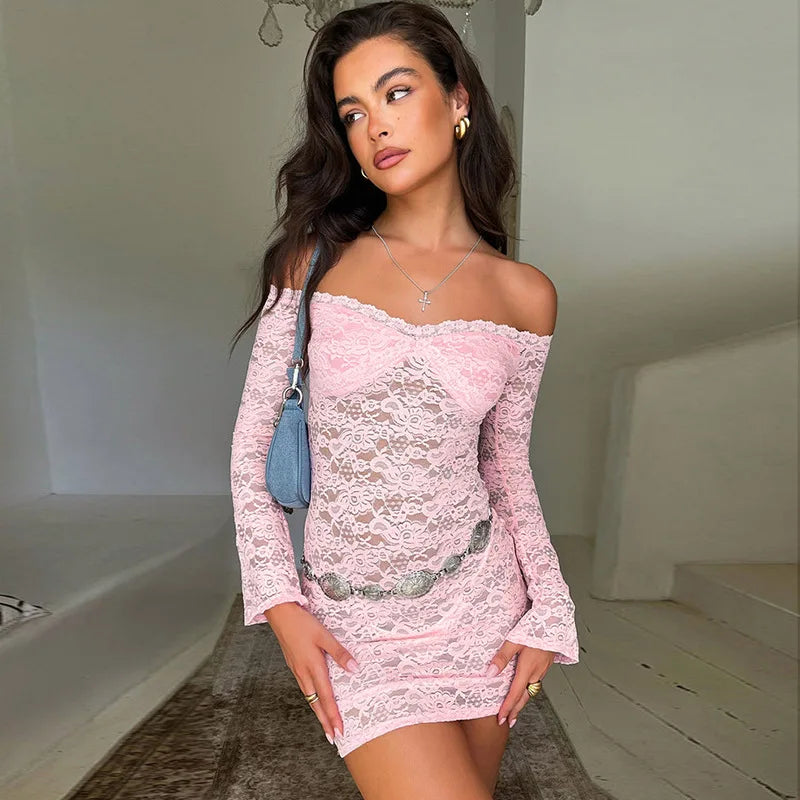 Elegant Off-Shoulder Lace Mini Dress for Women - Long Sleeve See-Through Splice Beach Style