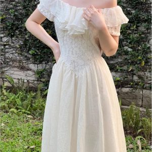 Elegant Off-Shoulder Midi Dress with Lace Patchwork & Ruffles - Vintage A-Line Summer Dress