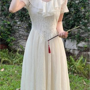 Elegant Off-Shoulder Midi Dress with Lace Patchwork & Ruffles - Vintage A-Line Summer Dress