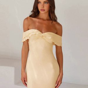 Elegant Off-Shoulder Ruffle Satin Maxi Dress for Y2K Fashion and Coquette Aesthetic