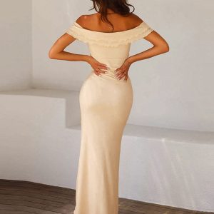 Elegant Off-Shoulder Ruffle Satin Maxi Dress for Y2K Fashion and Coquette Aesthetic