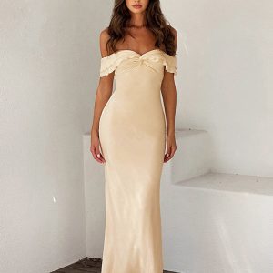 Elegant Off-Shoulder Ruffle Satin Maxi Dress for Y2K Fashion and Coquette Aesthetic