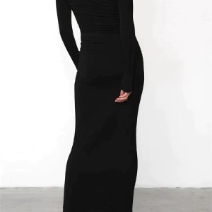 Elegant Off-Shoulder Solid Color Slim Fit Dress for Fall Cocktail Parties - Y2K Fashion