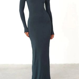 Elegant Off-Shoulder Solid Color Slim Fit Dress for Fall Cocktail Parties - Y2K Fashion