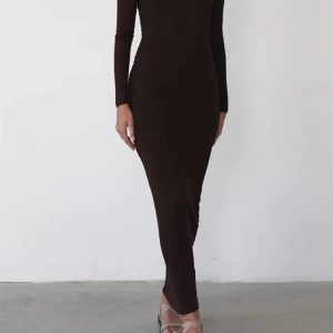 Elegant Off-Shoulder Solid Color Slim Fit Dress for Fall Cocktail Parties - Y2K Fashion