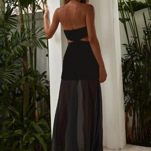 Elegant Off-Shoulder Splice Mesh Maxi Dress for Women - Sexy Bow Bandage Bodycon Evening Gown