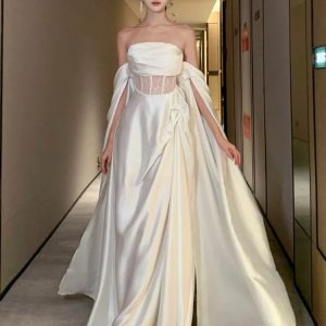 Elegant Off-Shoulder White Wedding Dress with Hollow Out Back for Summer Evening Parties