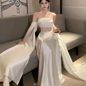 Elegant Off-Shoulder White Wedding Dress with Hollow Out Back for Summer Evening Parties