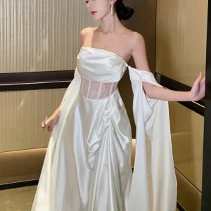 Elegant Off-Shoulder White Wedding Dress with Hollow Out Back for Summer Evening Parties