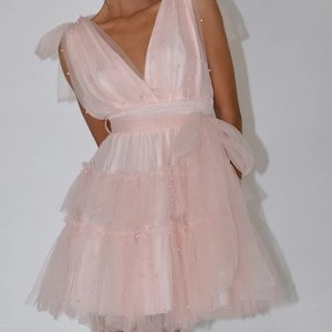 Elegant Pearl Bow Mini Dress with Mesh Splice - Sleeveless Plunge V Neck Party Dress