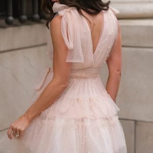 Elegant Pearl Bow Mini Dress with Mesh Splice - Sleeveless Plunge V Neck Party Dress