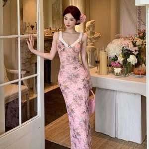 Elegant Pink Floral Vintage Party Dress for Women - Sleeveless V-Neck High Waist Summer 2024