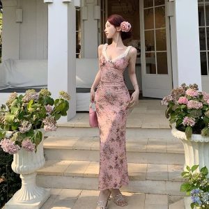 Elegant Pink Floral Vintage Party Dress for Women - Sleeveless V-Neck High Waist Summer 2024