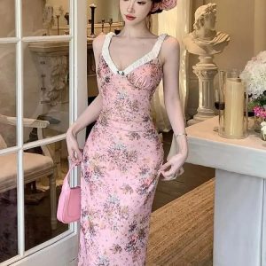 Elegant Pink Floral Vintage Party Dress for Women - Sleeveless V-Neck High Waist Summer 2024