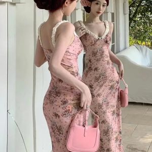 Elegant Pink Floral Vintage Party Dress for Women - Sleeveless V-Neck High Waist Summer 2024