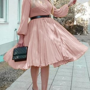 Elegant Pink Puff Sleeve Midi Dress with Pleated Deep V-Neck for Y2K Summer Beach Vibes