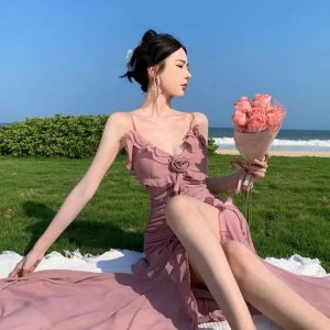 Elegant Pink Ruffled Spaghetti Strap Dress - Vintage Pleated Summer Beach Outfit for Women