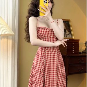 Elegant Plaid Midi Dress - Vintage A-Line Spaghetti Strap for Spring/Summer Holiday Style