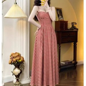 Elegant Plaid Midi Dress - Vintage A-Line Spaghetti Strap for Spring/Summer Holiday Style