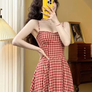 Elegant Plaid Midi Dress - Vintage A-Line Spaghetti Strap for Spring/Summer Holiday Style