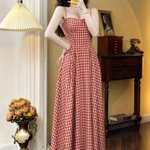 Elegant Plaid Midi Dress - Vintage A-Line Spaghetti Strap for Spring/Summer Holiday Style