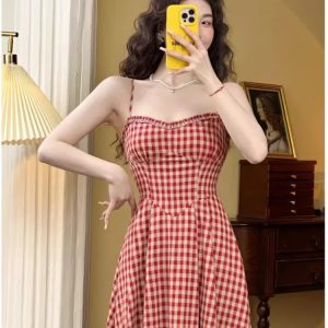 Elegant Plaid Midi Dress - Vintage A-Line Spaghetti Strap for Spring/Summer Holiday Style