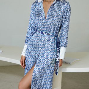 Elegant Print Long Sleeve V-Neck Midi Dress with Belt - Summer Satin A-Line Style