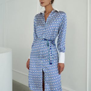 Elegant Print Long Sleeve V-Neck Midi Dress with Belt - Summer Satin A-Line Style