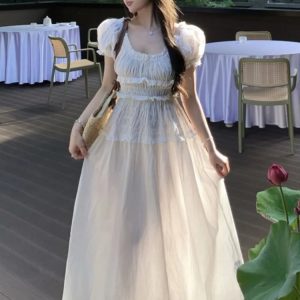 Elegant Puff Sleeve A-Line Dress with Ruffles for Summer Parties - Korean Fashion Prom Dress