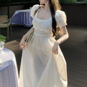 Elegant Puff Sleeve A-Line Dress with Ruffles for Summer Parties - Korean Fashion Prom Dress