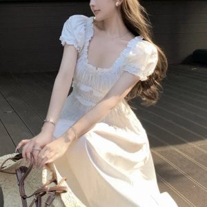 Elegant Puff Sleeve A-Line Dress with Ruffles for Summer Parties - Korean Fashion Prom Dress