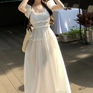 Elegant Puff Sleeve A-Line Dress with Ruffles for Summer Parties - Korean Fashion Prom Dress