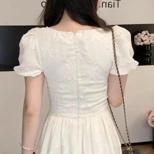 Elegant Puff Sleeve A-line Midi Dress for Women - Summer Casual Birthday Party Dress