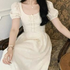 Elegant Puff Sleeve A-line Midi Dress for Women - Summer Casual Birthday Party Dress