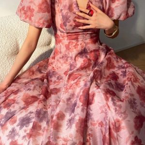 Elegant Puff Sleeve Floral V-neck Dress for Women - Slim A-line Summer Vestidos Femme