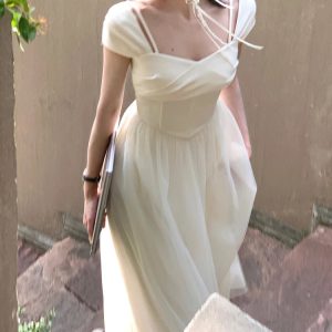 Elegant Pure Color Midi Dress for Office & Evening - 2024 Summer Short Sleeve Fairy Style