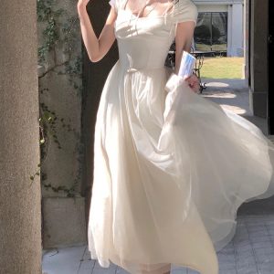 Elegant Pure Color Midi Dress for Office & Evening - 2024 Summer Short Sleeve Fairy Style