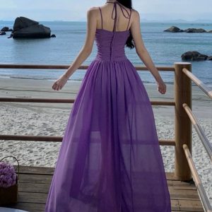 Elegant Purple Deep V Halter Chiffon Beach Dress with Spaghetti Straps for Seaside Style