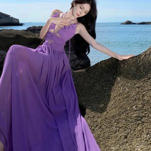 Elegant Purple Deep V Halter Chiffon Beach Dress with Spaghetti Straps for Seaside Style