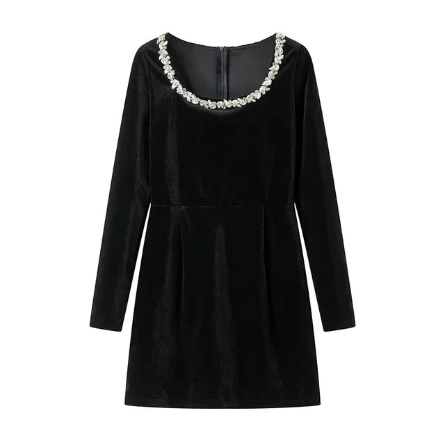 Elegant Retro Velveteen Long Sleeve Dress for Women - Slim Black Formal Evening Party Dress