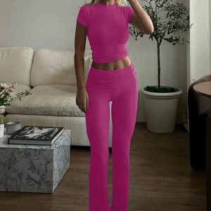 Elegant Ribbed Short Sleeve Crop Top & Solid Pants Co-Ord Set for Y2K Spring Fashion